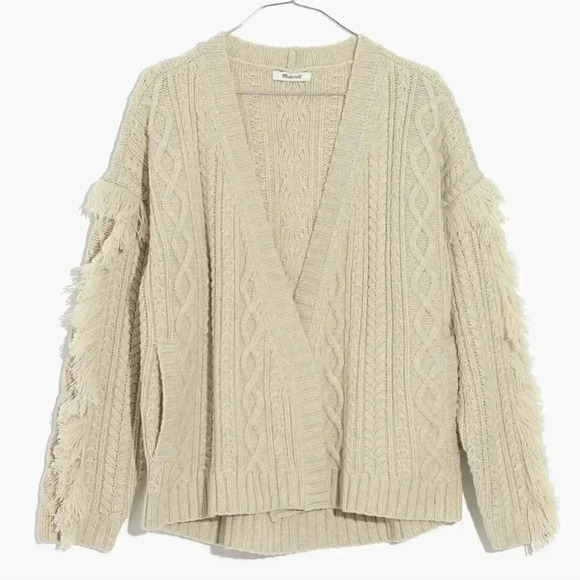 Madewell Cable Knit Fringe Cardigan Sweater 100% Merino Wool Tan Crop - Picture 3 of 13